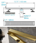 Diagram and image of 16 Inch Linear Shower Drain With Removable Cover Grid, Brushed Gold Stainless Steel SUS304, Rectangular Floor Drain.