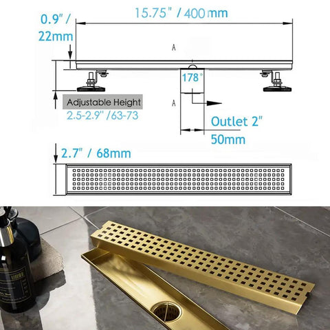 Diagram and image of 16 Inch Linear Shower Drain With Removable Cover Grid, Brushed Gold Stainless Steel SUS304, Rectangular Floor Drain.