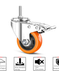 Heavy Duty Stem Casters With PVC Wheels 2 Inch Brake Dual Locking M8 Stem 1 Inch for Home Office Industry, orange PVC wheel