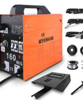 Flux Core MIG Welder 160A Portable Gasless Wire Feed Machine For 110V Home DIY Projects With Welding Gun Ground Clamp Power Adapter Cable And Brush Included displayed with accessories.