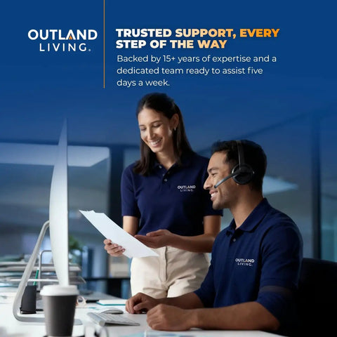 Outland Living customer support team assisting with inquiries in a professional office setting.