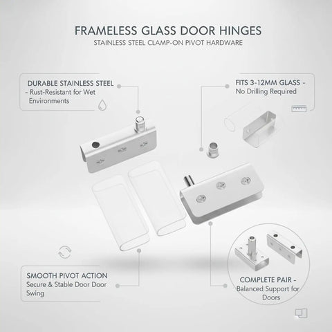 Easy Install Frameless Glass Door Hinges No Drill Clamp On Pivot Hardware stainless steel components for doors