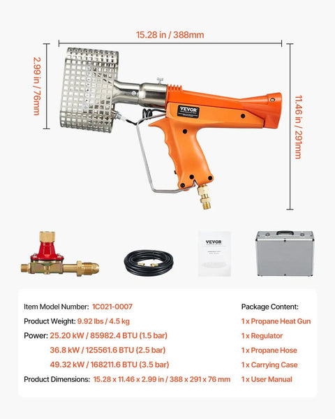 Diagram showing dimensions and components of Powerful Propane Heat Gun With 187660 BTU Output Adjustable Regulator 26 Ft Hose