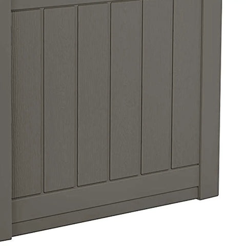 Close-up of 22 Gallon Outdoor Storage Box With Seat In Stone Gray Resin, Weatherproof Patio Deck Box for cushions and tools panel design