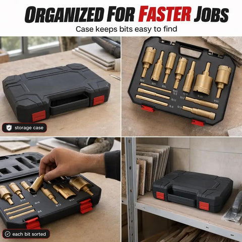 Solid 12 Pack Diamond Hole Saw Kit Brazed Bits For Cutting Ceramic Porcelain Tile Granite Marble Glass Dry Or Wet With No Slip Guide And Storage Bag 1/4 To 2 Inches Gold in storage case