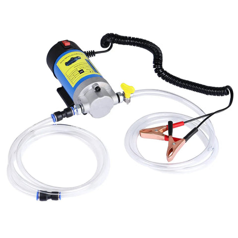 Smooth 12V Oil Extractor Pump For Quick Engine Oil Swaps with suction tubing, clips, and self-priming gear mechanism.