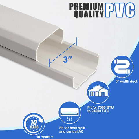 Close-up of 3 Inch Mini Split Lineset Cover Kit Easy Install 13.5 Feet DIY Paintable Lineset showing 3" PVC duct.