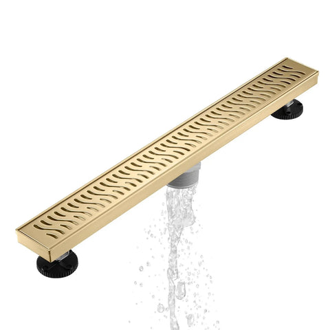 Slick 36 Inch Linear Shower Drain With Brushed Gold Finish and Heavy Duty Real Deal Build, V Shape design, water flowing.