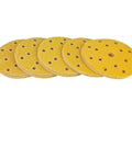 Get Your Hands On 50 Pack Of 6 Inch Sanding Discs With 15 Holes, showing yellow abrasive discs for wood, metal, and plastic.