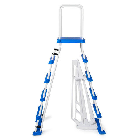 5 Step A Frame Pool Ladder for Above Ground Pools with No Slip Treads and Inside Barrier White and Blue Easy Handrails Fits 48 to 52 Inch Side Walls, front view