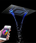 Next Level RGB LED Shower System With 80X60 Cm Rain Head And Flexible Handheld Wand, Concealed Four Way Diverter Faucet Set, Chrome Rock Solid Brass Combo With BodyJets And Tub Spout For A Smooth Spa Upgrade with color-changing LED and smartphone control.