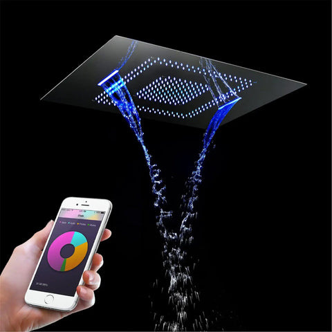 Next Level RGB LED Shower System With 80X60 Cm Rain Head And Flexible Handheld Wand, Concealed Four Way Diverter Faucet Set, Chrome Rock Solid Brass Combo With BodyJets And Tub Spout For A Smooth Spa Upgrade with color-changing LED and smartphone control.