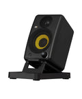 GoAux 3 3 Inch Portable Studio Monitors for Travel and On the Go Recording, shown on adjustable stand with black body and yellow woofer.