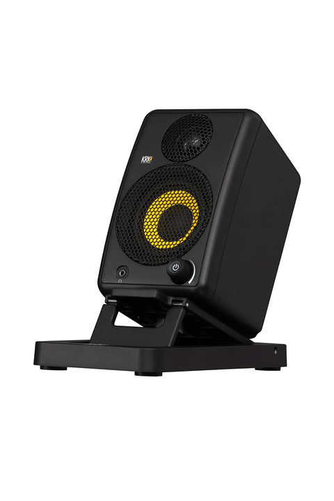 GoAux 3 3 Inch Portable Studio Monitors for Travel and On the Go Recording, shown on adjustable stand with black body and yellow woofer.