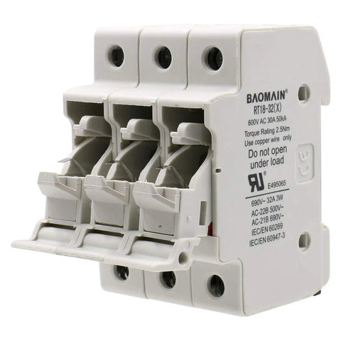 3 Pole Cylindrical Fuse Holder With LED Indicator For 10 X 38 mm Fuses, 32 Amp 690 VAC, 35mm DIN Rail Mount, front view