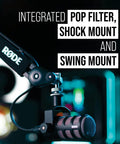 PodMic Cardioid Dynamic Broadcast Microphone with XLR Output on swing mount, shows integrated pop filter and shock mount.