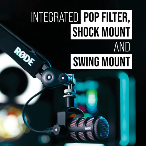 PodMic Cardioid Dynamic Broadcast Microphone with XLR Output on swing mount, shows integrated pop filter and shock mount.