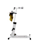 Side view of a silver repair stand with attached yellow rag, part of Universal Bicycle Repair Stand Tool Tray With Adjustable Work Surface.