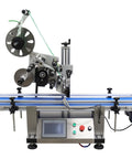 Top Shelf Automatic Desktop Conveyor Labeling Machine for cosmetics, food, and containers, featuring blue conveyor belt and control panel.