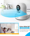 Two Pack ProHD 1080P WiFi Security Camera showcasing 90 degree viewing angle and sleek white design in a home setting.