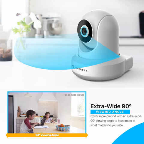 Two Pack ProHD 1080P WiFi Security Camera showcasing 90 degree viewing angle and sleek white design in a home setting.