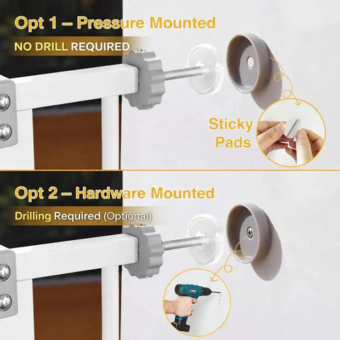 Installation options for Extra Tall Walk Through Baby Gate For Stairs And Doorways 29 To 39.6 Inches Adjustable Width And 36 Inch Height No Drill Wall Protected 45 Cm Wide Walk Through Auto Close Metal Child Gate Easy Install One Hand Opening White, showing pressure mount and hardware mount methods
