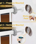 Wide Auto Close Baby And Pet Gate installation options, showing pressure and hardware mount, no drill and drilling required, white gate