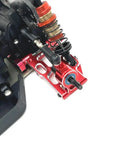 Heavy Duty Metal Front And Rear Suspension Arm Steering Cup Hub Carrier Set For 10th Scale RC Cars Compatible With PTG2 Platform Rad Beefy Upgrade Kit In Bright Red close-up view of installed steering cup and control arm.