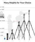 Comparison of different height adjustments of Beast 71 Inch Foldable Aluminum Camera Tripod with silhouettes of people for scale.