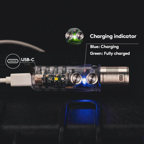 EDC USB C Rechargeable Flashlight With 1000 Lumen Output and 6500K Cool White showing charging indicator in blue while charging