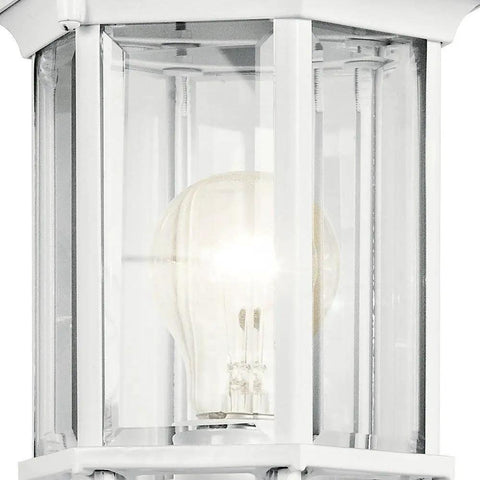 Close-up of Coastal White Outdoor Wall Light with Clear Beveled Glass showing bulb and 17 inch tall frame detail.