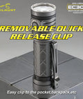 EC300 2600 Lumen Rechargeable LED Flashlight With Red Green Blue White RGB Flood Beam High CRI Neutral White Quad Luminus SST-20 LEDs Waterproof Outdoor Spotlight, featuring removable quick release clip, displayed upright on a box.