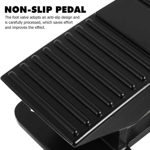 Close-up view of a non-slip pneumatic foot pedal valve hands free momentary five way three position foot operated air valve.