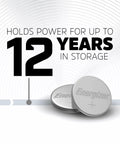 Solid 2025 Lithium Coin Batteries 4 Pack showing two Energizer batteries with text about 12 years storage power.
