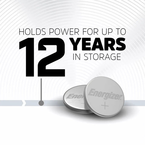 Solid 2025 Lithium Coin Batteries 4 Pack showing two Energizer batteries with text about 12 years storage power.