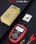 BA101 12V Car Battery Tester Digital Automotive Alternator Meter with box, manual, and cables shown in package contents