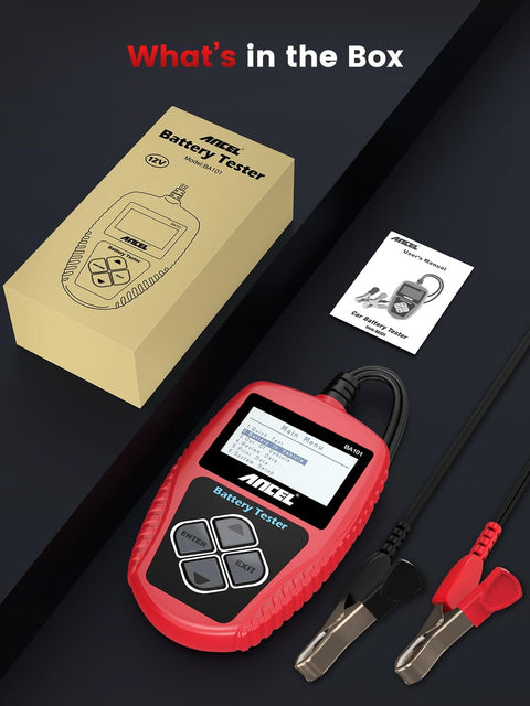 BA101 12V Car Battery Tester Digital Automotive Alternator Meter with box, manual, and cables shown in package contents