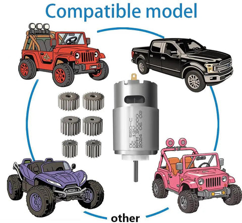 High Power 12V RS550 30000RPM 7R Motor Upgrade Kit Pair With 15T 19T And 23T Pinions For Kid Ride On Cars, shown with compatible models