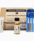 Pro Grade Clock Oil Kit For Cleaning And Lubing Movements with tools, oil, and cloths in packaging.