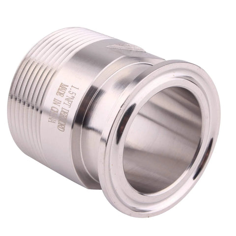DERNORD stainless steel 1.5-inch tri-clamp to MNPT sanitary pipe fitting, angled side view