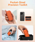 Knockout Precision Screwdriver Set Features Fifty Five Mini Bits Including Phillips Torx And Pentalobe For Phones Laptops Controllers Drones Eyewear And Electronics Plus A Slick Pocket Ready Storage Case You Can Easily Toss In Any Bag in a pocket-sized orange storage case.