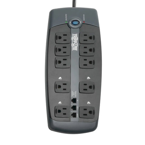 10 Outlet Surge Protector Power Strip With 8 Foot Cord Tel DSL RJ11 Protection for Phone Lines and PC Silver