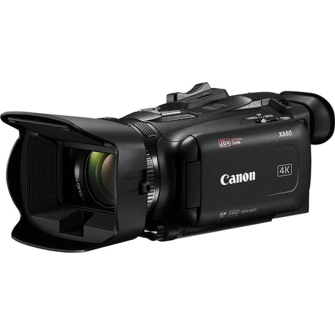 XA60 4K UHD Camcorder Bundle With 20x Optical Zoom, featuring sleek black design, lens hood, and ergonomic grip, perfect for professional use.