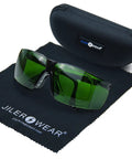 Heavy Duty IPL Safety Goggles Delivering Knockout OD4 Eye Protection Across 200 To 2000 Nanometers laid on cleaning cloth with case.