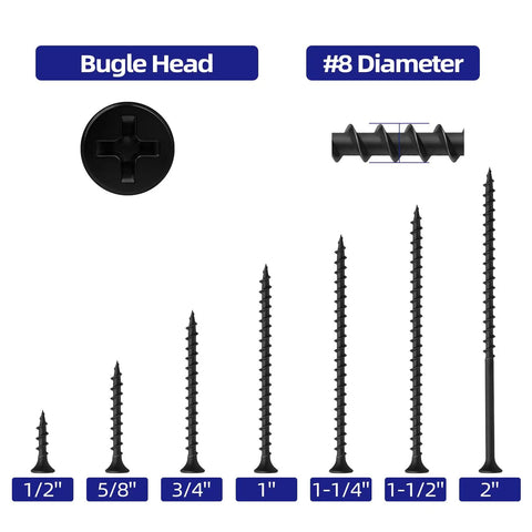 Pro Grade Eight X Four Inch Black Drywall Screws Built Solid With Coarse Threads And Phillips Bugle Heads For Smooth Self Tapping On Wood Studs Featuring Top Shelf Rust Resistant Carbon Steel 100 Piece Pack various lengths and bugle head design
