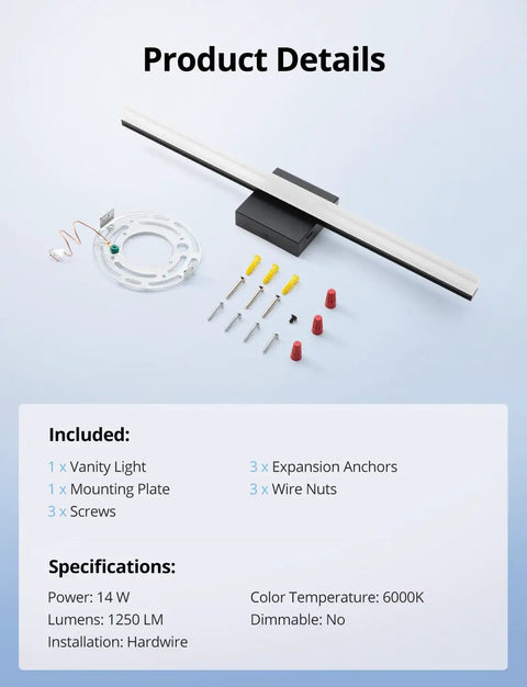 24 Inch Black Vanity Light For Bathroom Mirror LED Wall Bar Fixture 14W 1250LM Cool White 6000K Non Dimmable set and specs