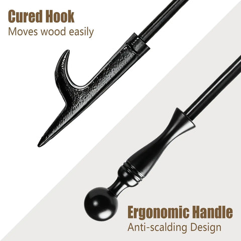 Close-up of Beefy 32 Inch Fire Pit Poker with cured hook and ergonomic handle, rust-resistant for safe log handling.