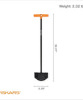 Long Handled Steel Edger Tool For Lawn And Garden With Sharpened Blade And Secure Step Platform Manual Edger For Grass Soil And Yard Work Thirty Eight Point Five Inch Pole For Easy Digging And Precise Edging Without Bending image of Fiskars edger with dimensions.
