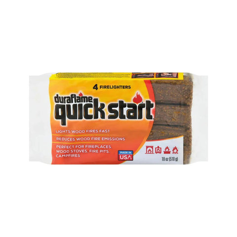 Duraflame Quick Start 4 Firelighters Pack, ideal for fireplaces, wood stoves, and pits. Made in USA, 1 lb pack in yellow-red wrapper.