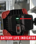 High-Output LED Work Light With 3900 Lumen Rechargeable Dual-Power Clamp showing battery life indicator and red highlights.